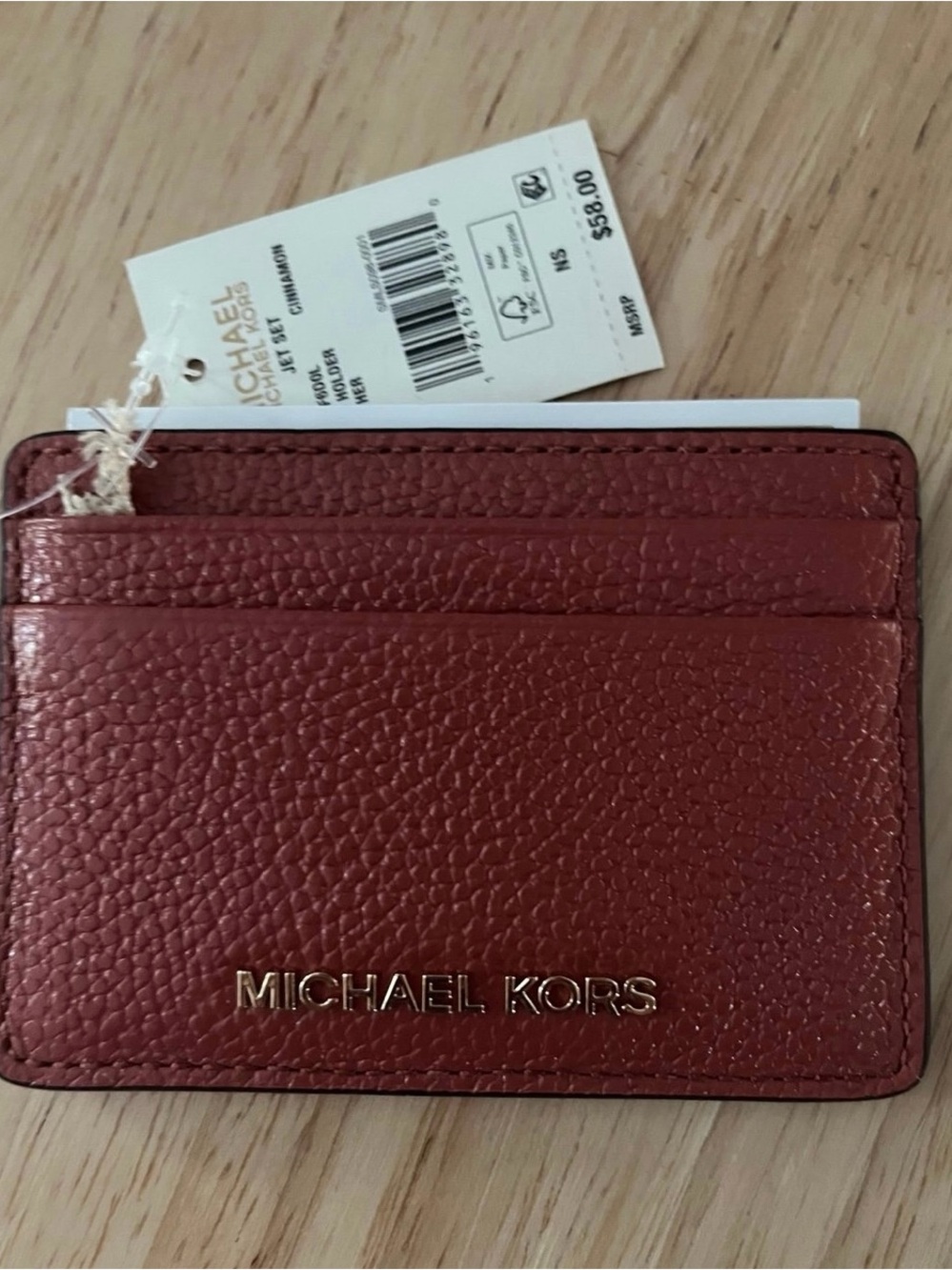 Michael Kors Cinnamon Textured Leather Card Holder with Gold Logo NWT